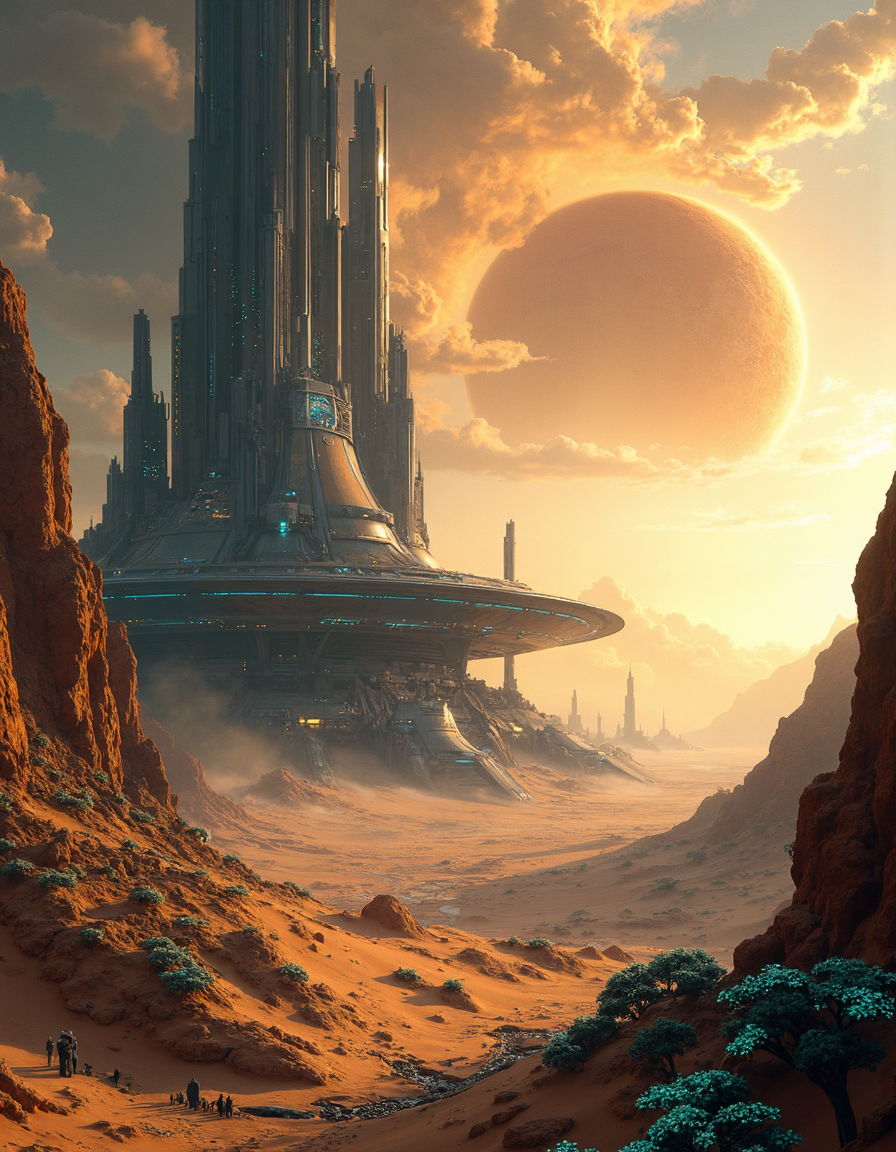 Generate a highly detailed high-resolution photo of a massive, modern giant citadel made of reflective glass and steelrising out of the sandy dunes of an alien world on the brink of chaos. The citadel's sleek architecture and futuristic spires are shrouded in perpetual sandstorms, with towering dust devils swirling around its base like ethereal sentinels.
In the distant horizon, a fracturing moon hangs low in the sky, casting an eerie orange glow over the desolate landscape as it hurtles towards a catastrophic collision course with its parent planet. The once-stable orbit is now unraveling, threatening to unleash unspeakable destruction upon this unforgiving world.
The atmosphere is thick with sand and debris, making every surface appear worn and battle-worn. Vines of iridescent blue-green fungus have begun to claim the crumbling stones as their own, weaving a network of eerie bioluminescence across the citadel's walls. In stark contrast, the sky above has transformed into an apocalyptic backdrop: a swirling nebula of electric blues and purples stretches out before us like an eternal stormfront.
The camera captures this surreal scene from a dramatic angle, as if it were shot through a veil of grit-covered glass, imbuing every detail with an otherworldly sense of immediacy. The sandstorms rage on, driven by the dying moon's gravity; yet amidst the turmoil, we find glimpses of ancient civilizations and unfathomable secrets buried within this unforgiving world.  <lora:yfg-taal-v1:0.8> YFG-Taal <lora:FluxDFaeTasticDetails:0.8>