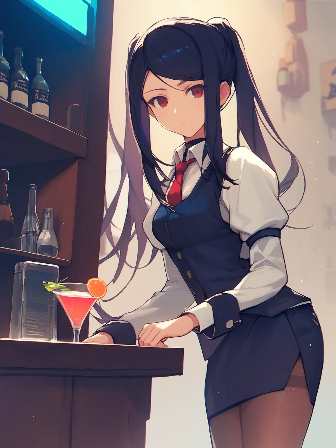 score_9, score_8, score_7, source_anime,
<lora:jill-ponyxl-000005:1> jill stingray, 
necktie, pantyhose, skirt, vest, white shirt
1girl, solo,
bartender, bar, cocktail glass, standing behind counter