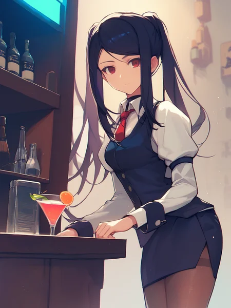score_9, score_8, score_7, source_anime,
<lora:jill-ponyxl-000005:1> jill stingray, 
necktie, pantyhose, skirt, vest, white shirt
1girl, solo,
bartender, bar, cocktail glass, standing behind counter