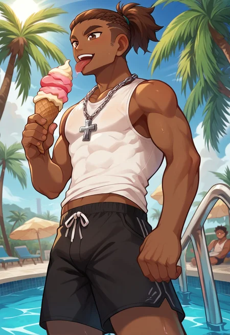 score_9, score_8_up, score_7_up, masterpiece, y0tt4, VonBoche, BREAK solo, 1boy, athletic, dark skin, brown hair, hazel eyes, cornrows with ponytail, thick brow ridge, silver cross chain necklace, white tank top, black swimming trunks, licking ice cream, tongue out, sun rays, outside, pool, palm trees, from below,