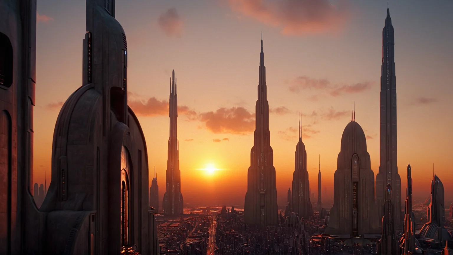 cinematic film still of <lora:star wars style:0.2>
<lora:detailed:0.4> detailed
<lora:perfection style:0.4> perfect
<lora:PerfectEyesXL:0.5>
<lora:Coruscant:0.9>
Coruscant a futuristic city with a sunset in the background,in star wars style,outdoors,sky,cloud,no humans,building,scenery,sunset,city,cityscape,skyscraper,tower,orange sky, shallow depth of field, vignette, highly detailed, high budget, bokeh, cinemascope, moody, epic, gorgeous, film grain, grainy