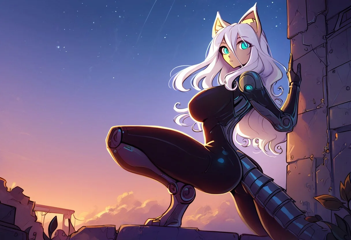 score_9, score_8_up, score_7_up, score_6_up, score_5_up, score_4_up, Cinematic Lighting, Volumetric Lighting, Bloom, Post Processing, Perfest Anatomy, Extermy Ely Detailed Eyes and Face, Perfect Eyes.
solo, cyborg, 1girl,
Cyborg blue eyes, fox cyber ears. green eyes, hair between eyes, shiny look, (long wavy white hair), (long hair), wavy bangs,
cable, mechanical joints, digitigrade legs, cyborg, slim figure, narrow waist, wide hips, (high breasts), perfect round butt,(big breasts:1.1)Mechanical tail with blade and sting.
-- clothes -- techwear, shiny clothing, black bodysuit,
BREAK
The girl holds a futuristic bow in one hand.
cowboy shot , dutch angle, Lean your back against the wall, A girl stands on one knee, aiming a bow, leaning against a wall. dramatic angle, leaves, leaf particles,night,destroyed collapsed buildings,abandoned,futuristic,cloud,sky,landscape,outdoors,hill,nature,post-apocalypse,