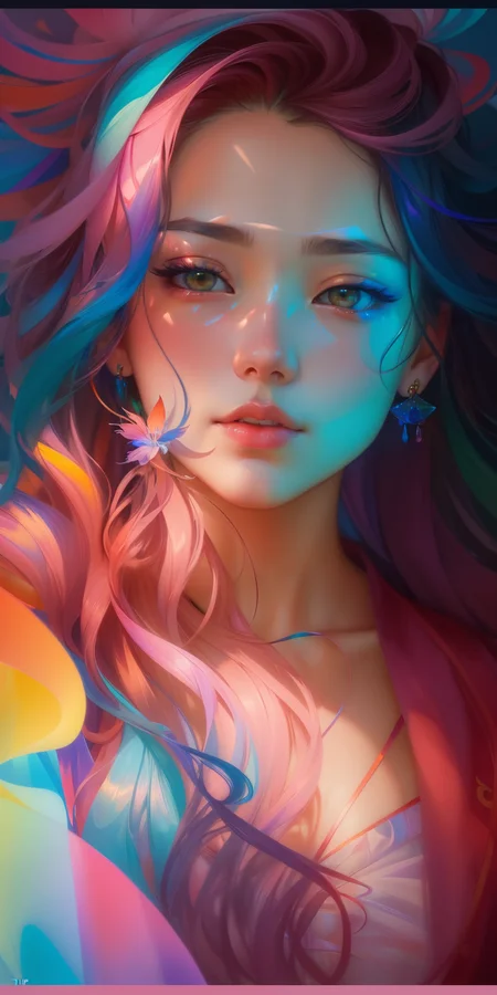 _james jean, floating female figure made of ribbons, smoke, in the sky, colorful and vibrant, mystical colors, contemporary impressionism, yanjun cheng portrait painting, iridescent painting, 3/4 perspective view, cute face, low angle, sweeping circling composition, large beautiful crystal eyes, big irises, UHD, HDR, 8K, (Masterpiece:1. 5), (the most beautiful portrait in the world:1.5)