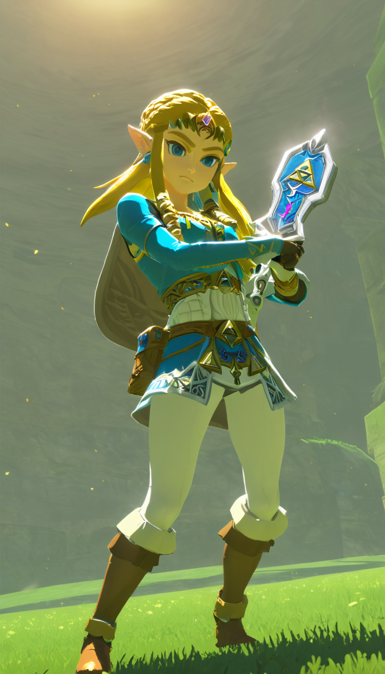 Zelda, cinematic scene, hero view, action pose, masterpiece, best quality, high quality, absurdres, vivid <lora:princess_zelda_v0.0.2:1>
