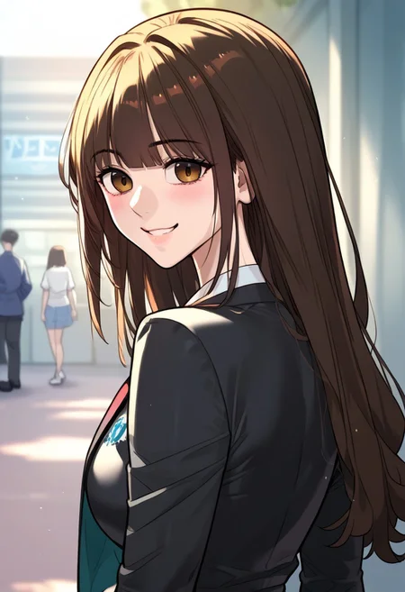 zPDXL3, score_9_up, score_8_up, score_7_up, (Anime_source), 1girl, Yuna Lee, brown eyes, brown hair, long hair, black suit, white shirt, looking back, looking at viewer, upper body, smile, little blush,