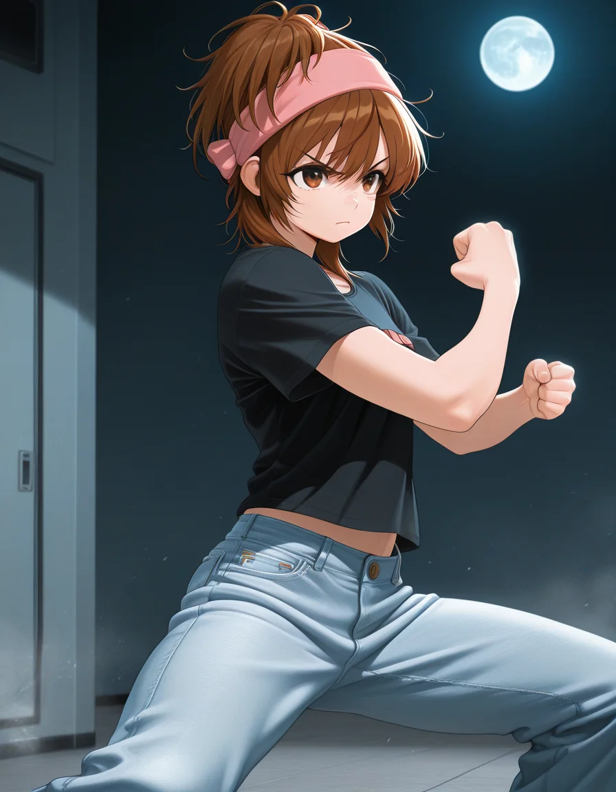 masterpiece, best_quality, amazing_quality, 1girl, solo,momokochar, short_hair, moon base, fighting_stance, serious, t-shirt, jeans,