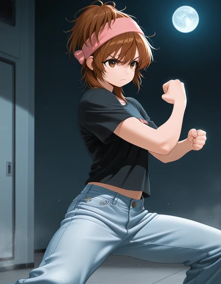 masterpiece, best_quality, amazing_quality, 1girl, solo,momokochar, short_hair, moon base, fighting_stance, serious, t-shirt, jeans,