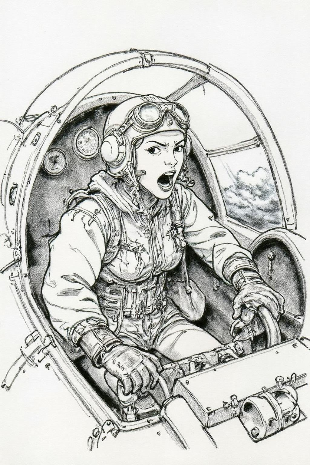 kj9 illustration.
A female pilot screaming inside the cockpit of a World War II bomber. The pilot, wearing a vintage leather flight helmet with goggles and a bomber jacket, grips the controls with white-knuckled hands. Her face is contorted in a mix of fear and determination as she yells, her eyes wide with adrenaline. The cockpit is cramped and filled with old-fashioned dials and gauges, with the outside view showing dark stormy clouds and distant anti-aircraft fire
The background is stark white. <lora:kj91_cap_d6a3e12:1.0><lora:819905370144282258:0>