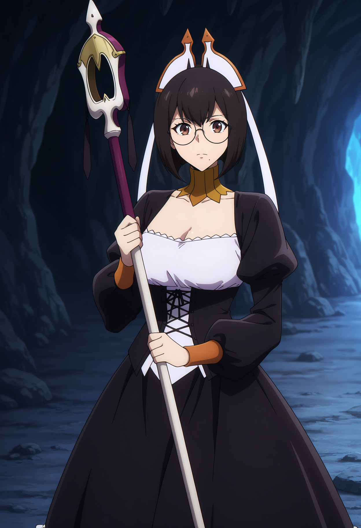 anime screencap, masterpiece, best quality,
<lora:SoloLeveling_LeeBora_IlluXL:0.9>,
1girl, solo, closed mouth,
short hair, black hair, brown eyes, mole under mouth, round eyewear,
LeeBora, hair ribbon, white ribbon, detached collar, black dress, white dress, corset, frilled skirt, medium skirt, black skirt, juliet sleeves, 
holding staff,
standing, looking at the viewer, cowboy shot,
cave, dark
