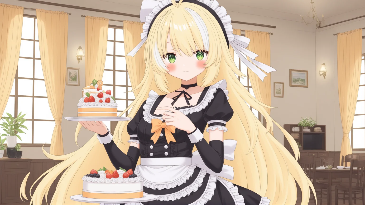 inis, blonde hair, ahoge, streaked hair, green eyes, black headband with white ribbon, light orange bow on chest, virtual youtuber, best quality, solo
anime drawing, indoors, holding a cake, (maid outfit), thighhighs,
<lora:INIS-XL-t2-000003:0.6>