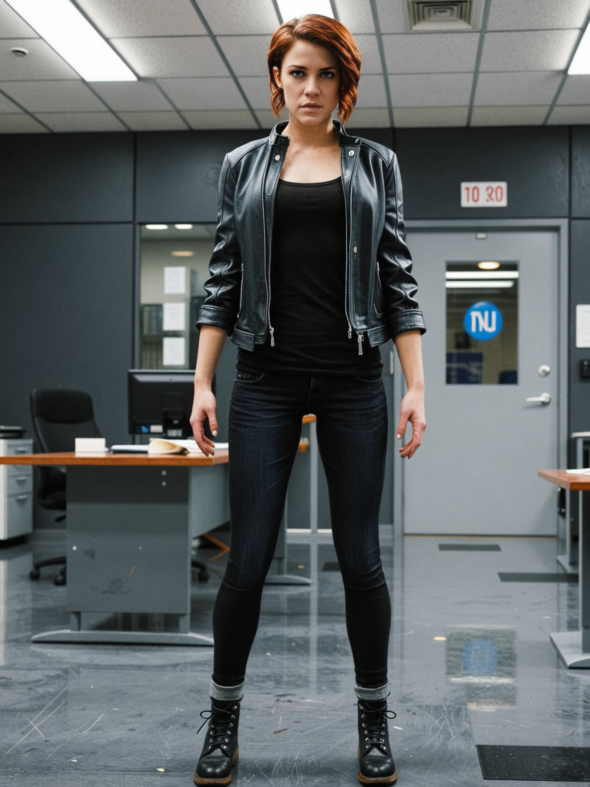 <lora:dmd2_sdxl_4step_lora_fp16:1>(solo,solo focus:1.2),science fiction,dark office,lonely,
<lora:Jasse_Faden_v6_biglust:0.95>woman,jasfdn face,jas hair,clothed,
denim pants,jacket,boots,standing