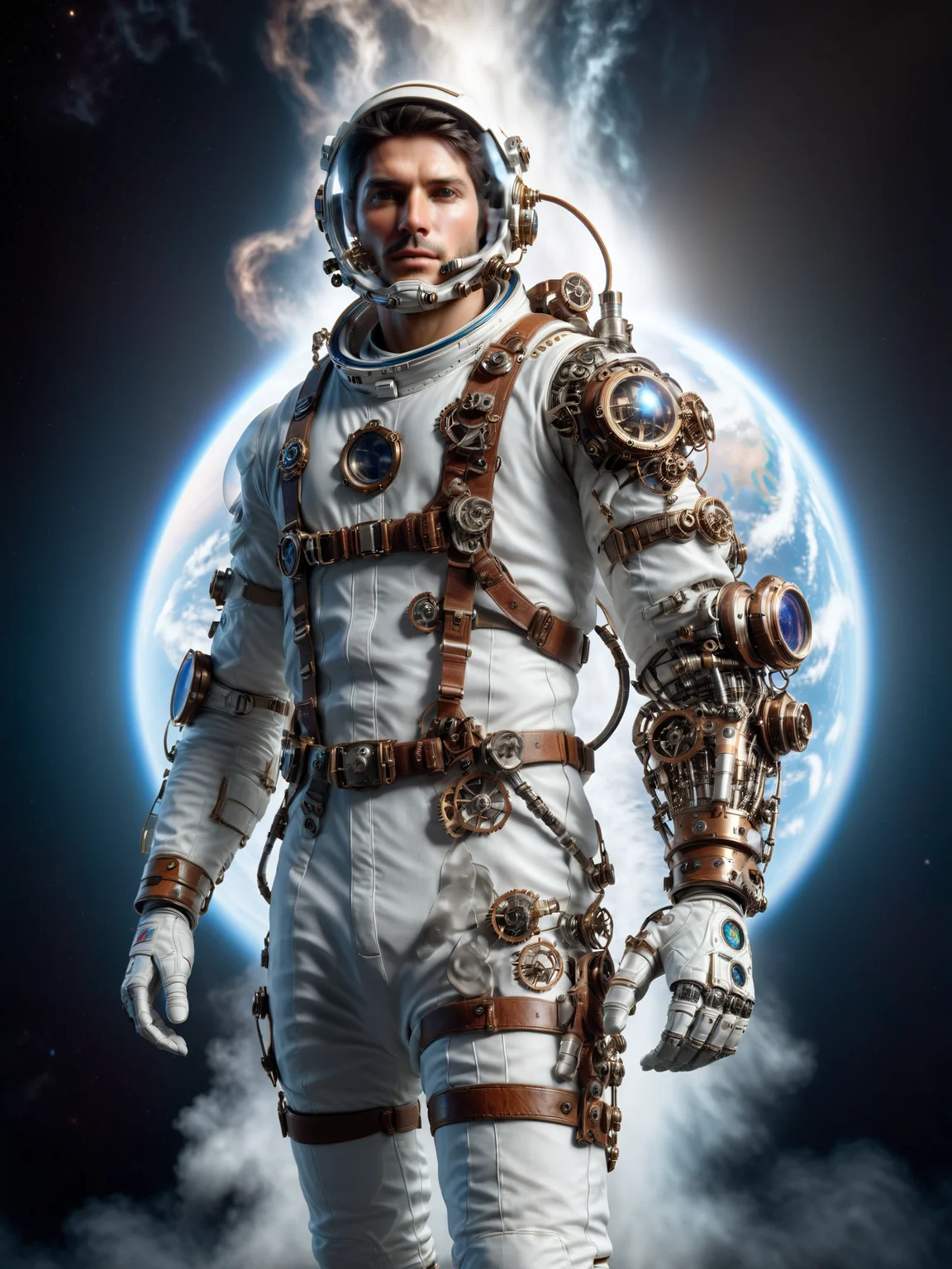 male astronaut in orbit of earth flying fast, steampunk spacesuit, mad-mecharm, steam, grease, cinematic shot, dramatic lighting, masterpiece, best quality, ultra high res, (photorealistic, realistic:1.2), deep shadow, raw photo, film grain, Fujifilm XT3, 8k uhd, dslr)
