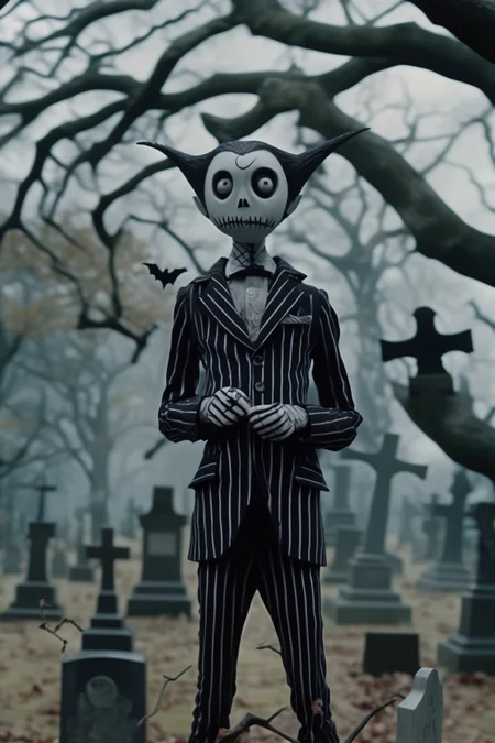 <lora:Director Tim Burton style:1>Director Tim Burton style - DVD screengrab of a live - action shot in a style. is standing in a gloomy cemetery surroundedeerie trees with gnarled branches. He's wearing his signature pinstripe suit, holding a menacing - looking bat, and staring directly at the camera with piercing eyes. Shot with an ARRI Alexa LF camera and a 50mm Zeiss Master Prime lens