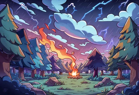 score_9, score_8_up, score_7_up, nature, landscape, night, dark swirling clouds, lightning storm, rain, forest fire, burning trees, lightning strike, jagged rocks,