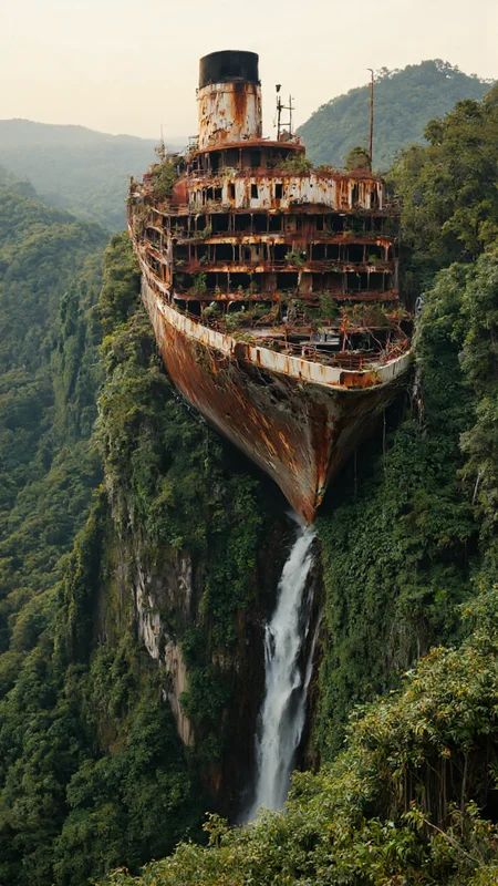 high-resolution photograph depicting a surreal scene of an abandoned, rusted cruise ship precariously perched atop a lush, verdant cliff. The ship, with its weather-beaten, corrugated metal exterior, appears to have been partially swallowed by the dense jungle that covers the cliff. The upper decks are overgrown with vines and moss, while the lower decks are partially submerged in a waterfall that cascades down the cliff face, creating a dramatic effect. The ship's superstructure is intact, with multiple decks visible, including a large, square funnel and a small, square structure that might be a lifeboat. The surrounding landscape is lush and green, with a variety of trees and plants covering the cliff and extending into the background. The sky is hazy, suggesting either early morning or late afternoon, with soft, diffused light casting a warm glow over the scene. The overall atmosphere is one of decay and rebirth, with the ship's rust and decay contrasting starkly with the vibrant, thriving vegetation. The image captures a sense of mystery and timelessness, blending the industrial past with the natural present.,aidmaimageupgrader, aidmaMJ6.1, intricate linework with expressive contrasts <lora:aidmaMJ6.1-FLUX-v0.5:0.7> <lora:aidmaImageUprader-FLUX-v0.3:0.4>
