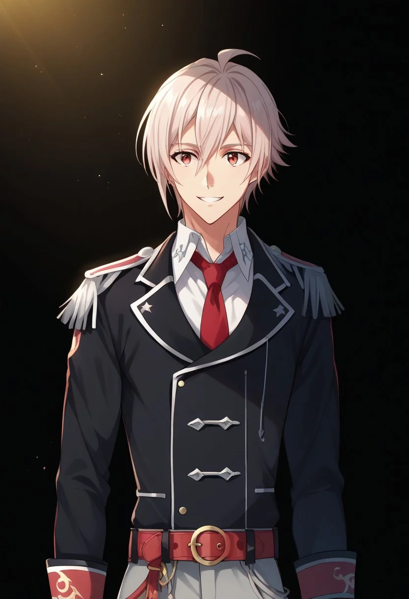 score_9, score_8_up, score_7_up, source_anime, highly detailed,
tennkujo, 1boy, male focus, necktie, ahoge, belt, uniform, red necktie, epaulettes,
pants, long sleeves, grey pants, idol uniform, upper body, smile, black jacket,
indoor, stage,