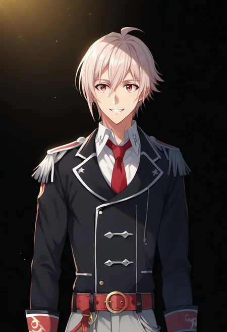 score_9, score_8_up, score_7_up, source_anime, highly detailed,
tennkujo, 1boy, male focus, necktie, ahoge, belt, uniform, red necktie, epaulettes,
pants, long sleeves, grey pants, idol uniform, upper body, smile, black jacket,
indoor, stage,