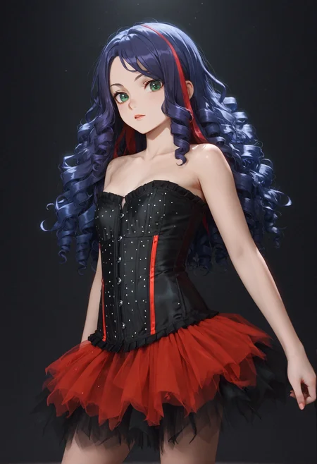score_9,score_8_up,score_7_up,score_6_up,masterpiece,best quality,amazing quality,very aesthetic,high resolution,ultra-detailed,absurdres,dark background,1girl,standing,looking_at_viewer,small breasts,blue hair,purple hair,two-tone hair,very long curly hair,green eyes,two-tone skirt,layered skirt,black skirt,red skirt,bare shoulders,black corset,red accent,red line,strapless,rhinestones,<lora:MyTrainings\Temp\Black_Red_Tutu_Skirt_Corset_Pony_ARZUMATA\v3\Black_Red_Tutu_Skirt_Corset_Pony_ARZUMATA.safetensors:0.7>