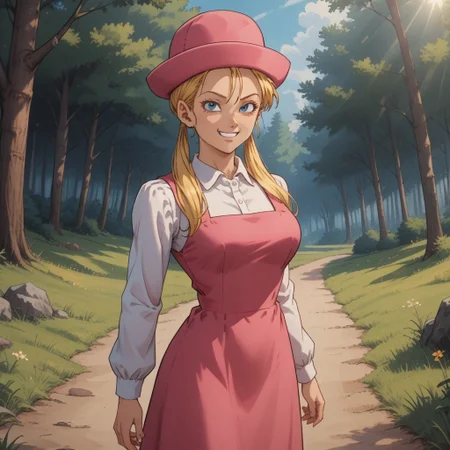 score_9, score_8, BREAK, solo, Marron_(Dragon_Ball_GT), long hair, blonde hair, blue eyes, twintails, hair tie, hair over shoulders, pink dress, sleeveless dress, collared shirt, long sleeves, white socks, yellow footwear, pink headwear, hat, tall, adult female, mature female, big breasts, self portrait, smile, looking at viewer, outdoors, sunlight, shadows, evening lighting, natural lighting, forest, trees, grass, orange sky, sunset