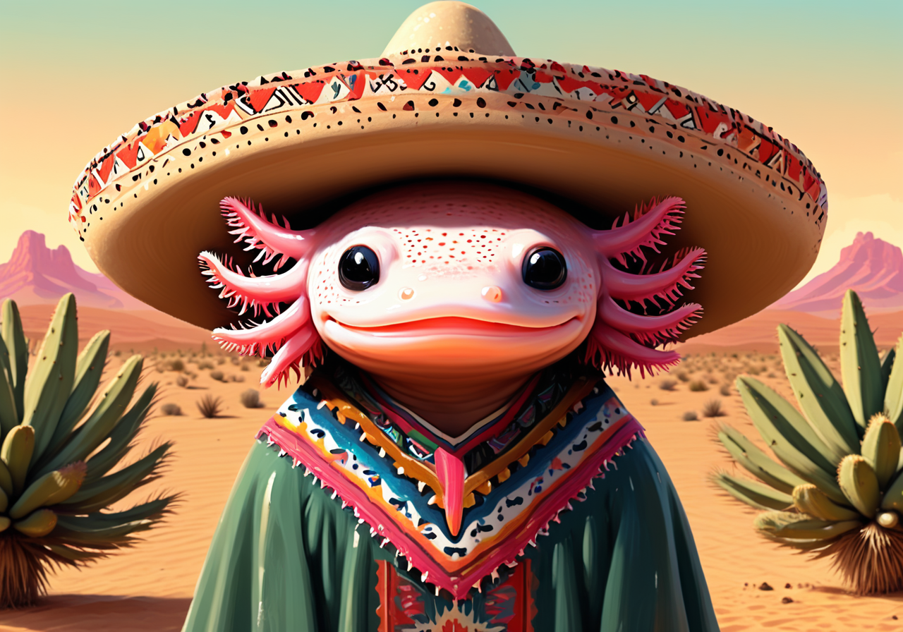 portrait painting, axolotl, sombrero, poncho, stylized digital painting, smile, cute, desert, sunset, cactus, embedding:OverallDetail-SDXL,<lora:Axolotl_SDXL_epoch_14.safetensors:1.0:1.0>