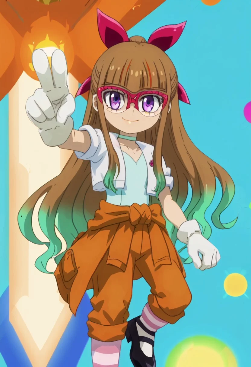 best quality, ultra-detailed, highres, masterpiece, best quality, official anime artwork, screencap, anime screencap, Oudou_Yuamu, brown hair, blunt bangs, long hair, Gradient hair from brown to green, purple eyes, red glasses, red bow, hair bow, smug, aqua shirt , white jacket, cropped jacket, short sleeves, rolled sleeves, white choker, V-neck, Orange pants, rolled-up hem, pink and white striped socks, black shoes, orange jacket wrapped around the waist, white gloves, looking at the viewer, happy, solo, color splash, abstract colorful background,