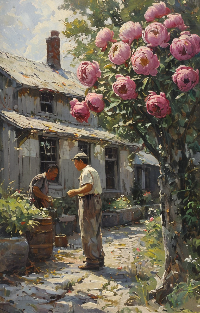 masterpiece,best quality,<lora:tbh209-sdxl:0.9>,illustration,style of Anthony Thieme decaying peonies