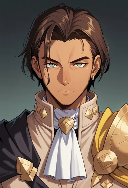 masterpiece,best quality,amazing quality, source_anime,
ClaudeVonRiegan, 1boy, male focus, solo, green eyes, brown hair, dark-skinned male, jewelry, earrings, aged up, facial hair, ascot, white ascot, single shoulder armor, cape, yellow cape, jacket, brown jacket, portrait,