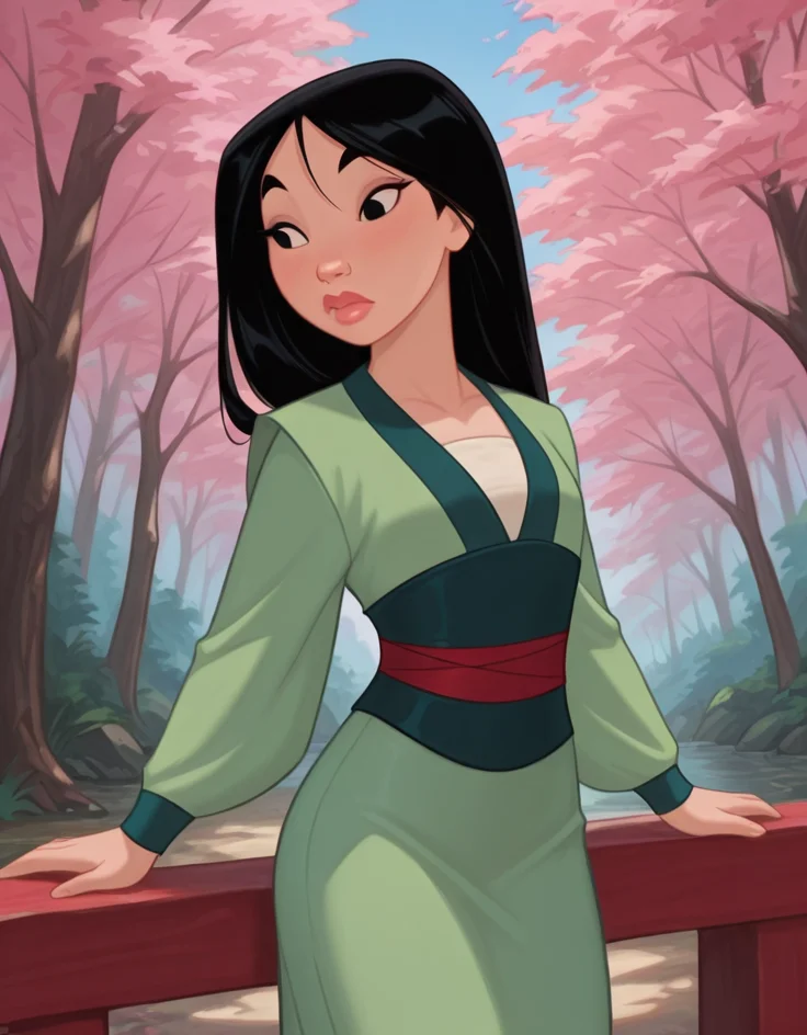 masterpiece, best quality, amazing quality, very aesthetic, absurdres, newest, detailed background, cowboy shot, 4k, 8k, forest, cherry tree,
mulanxd, 1girl, solo, black hair, black eyes, dress, long hair, long sleeves, green japanese clothes, lips,
<lora:Mulan_-_Disney_Illustrious:1>