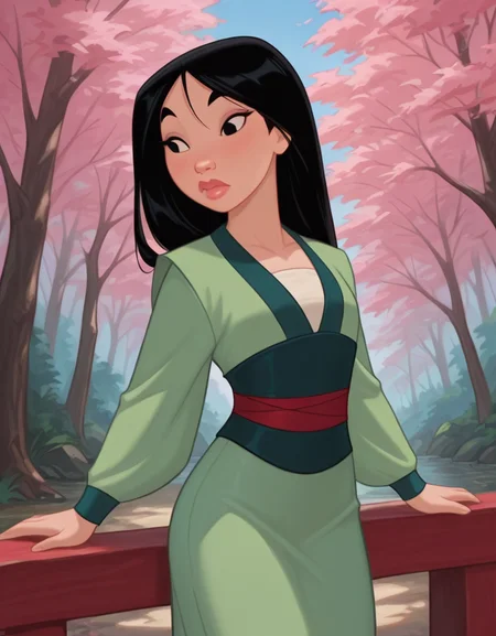 masterpiece, best quality, amazing quality, very aesthetic, absurdres, newest, detailed background, cowboy shot, 4k, 8k, forest, cherry tree,
mulanxd, 1girl, solo, black hair, black eyes, dress, long hair, long sleeves, green japanese clothes, lips,
<lora:Mulan_-_Disney_Illustrious:1>