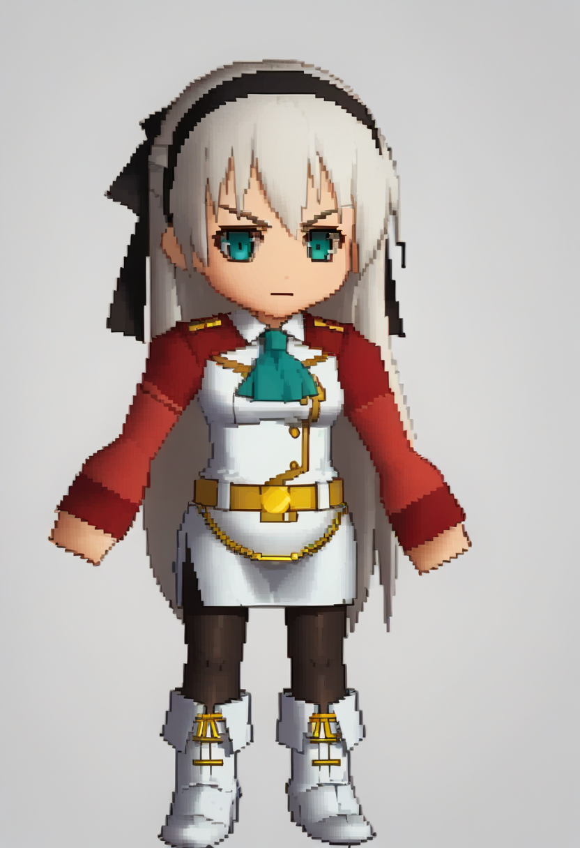 score_9, score_8_up, score_7_up, source_anime BREAK 1girl, solo,
 <lora:zs_FFVIIChibisXL_1:1> ffviichibis, chibi, standing, full body, white background
 <lora:elie-pdxl-nvwls-v1:1> zeroElie, white hair, long hair, black hairband, hair ribbon, long hair, ascot, uniform, long red sleeves, white dress, pencil skirt, belt, black pantyhose, white boots,