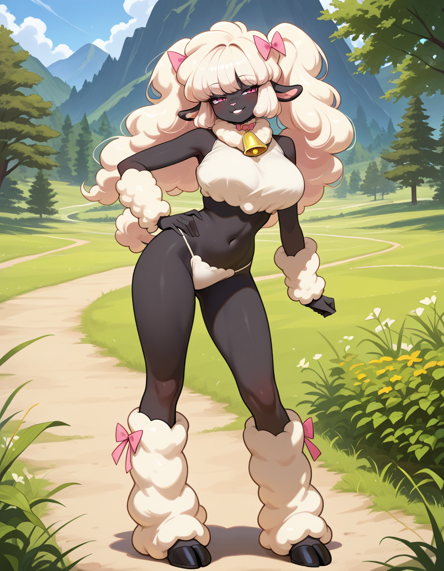 masterpiece, best quality, very aesthetic, absurdres,
outdoors,
full body, standing, posing,
seductive smile, parted lips, long eyelashes,
<lora:PoodleSheep_v01_NAIXL:1> P00dl3Sh33p,1girl, solo, furry, furry female, animal ears, long hair, bangs, hair bow, sheep ears, pink eyes, animal nose, neck bell, black skin, body fur, white fur, poodle tail, hooves,
