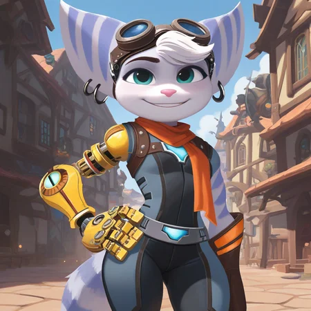 <lora:noobai_vpred_1_flat_color_v2:1>, <lora:AshMixVpred_v1:0.4>, flat color, no lineart, cel shaded, negative space, masterpiece, best quality, female, anthro, masterpiece, best quality, female, anthro, <lora:rivetv2ill:0.4>, masterpiece, best quality, female, anthro, (rivet (ratchet and clank)), sony corporation, goggles on head, white hair, shortstack, smaller breasts, small, happy, suit, standing, sexy, cowboy shot, posing, sexy, town, jewelry, very awa