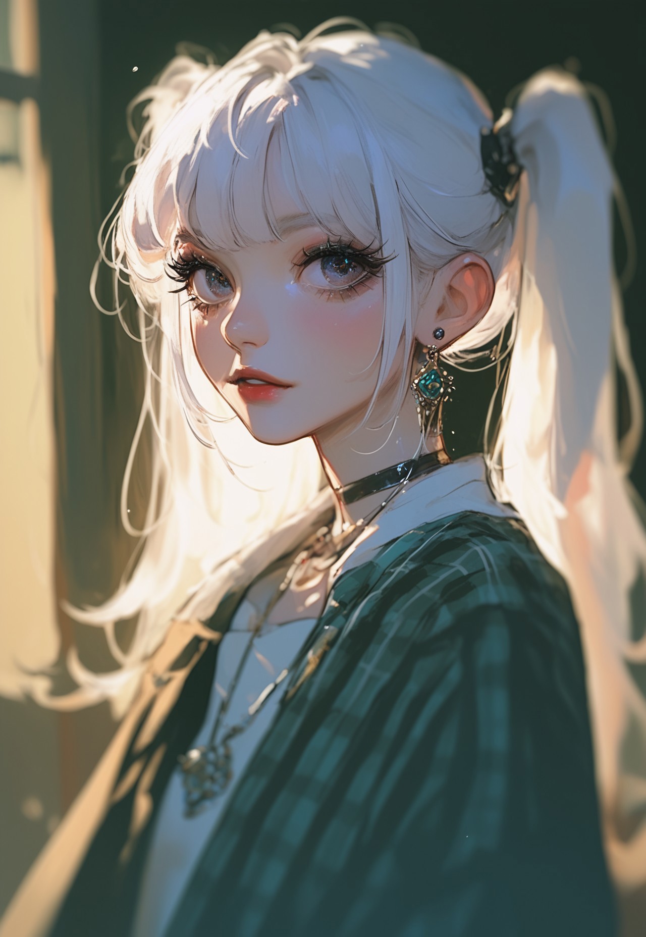 Score_9, score_8_up, score_7_up, score_6_up, score_5_up, score_4_up,1girl, an anime lady in an art style with bleached hair and lipstick, 1girl, solo, jewelry, skirt, twintails, long hair, earrings, bangs, necklace, plaid skirt, looking at viewer, White hair, long cute eyelashes, bowing her head, emo clothes, dynamic angle, blurry effect, dust,