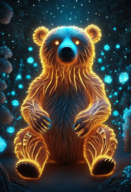 Score_9, score_8_up, score_7_up, high quality, 4k, 8k, extremely detailed, bioluminescent bear, made out of bioluminescent fire, rendered in stunning detail by Andrei Kolkoutine. big, round eyes, adorable expression. fire, explosions, funny theme, witty, Humor and wit, Aesthetic appeal, Engagement sparks
