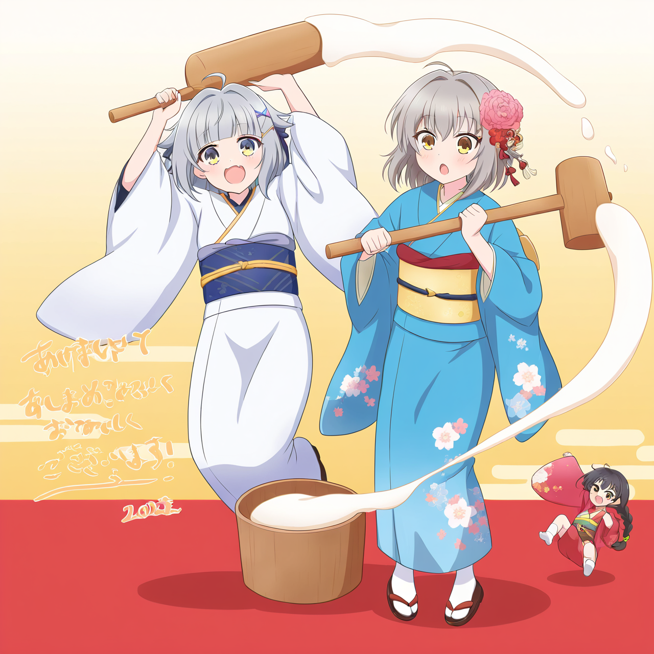 mochitsuki, mochi, mortar \(bowl\), holding mallet, mallet, holding hammer, 
mochitsuki, mochi, mortar \(bowl\),
2girls, :d, :o, ahoge, blue kimono, braid, fang, flower, food, grey hair, hair flower, hair intakes, hair ornament, happy new year, holding, japanese clothes, jumping, kimono, long hair, medium hair, multiple girls, new year, obi, sash, skin fang, smile, socks, standing, tabi, white kimono, white socks, yellow eyes
 <lora:mochi_v1_-000014:1>