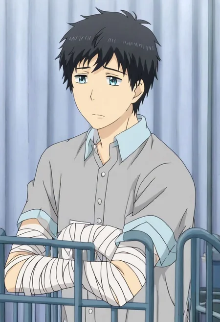 high resolution, solo, best quality, 1Boy, Arata Kaizaki, Black Hair, Blue Eyes, bandage, patient, hospital, OverallDetail