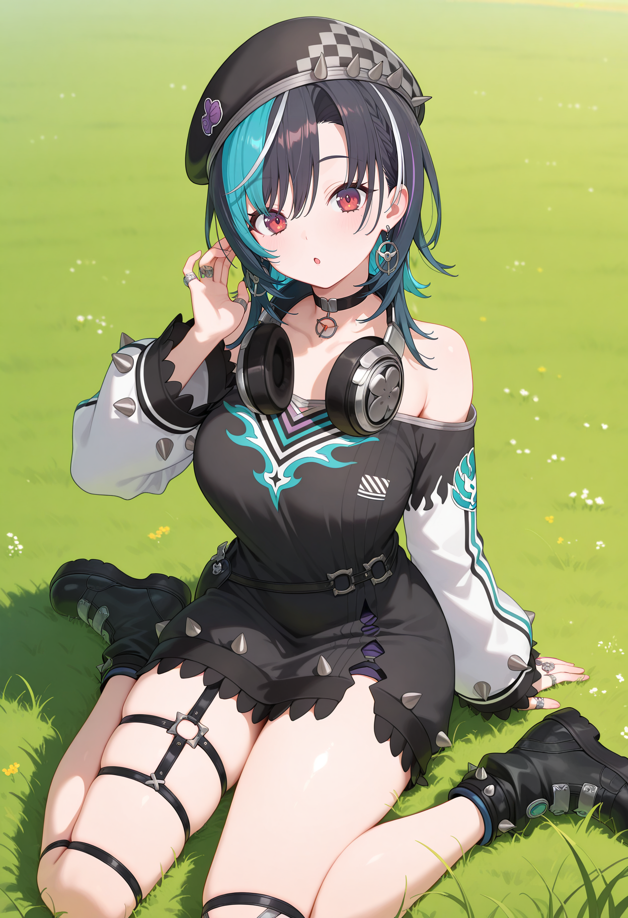 best quality, masterpiece, 1girl, aachihaya, medium hair, multicolored hair, black hair, beret, black headwear, earrings, red eyes, headphones around neck, black choker, off shoulder, black dress, long sleeves, ring, single garter strap, thigh strap, <lora:rindo_chihaya_ilxl_v1:0.9>, grass, field, wariza, :o, boots, black footwear,