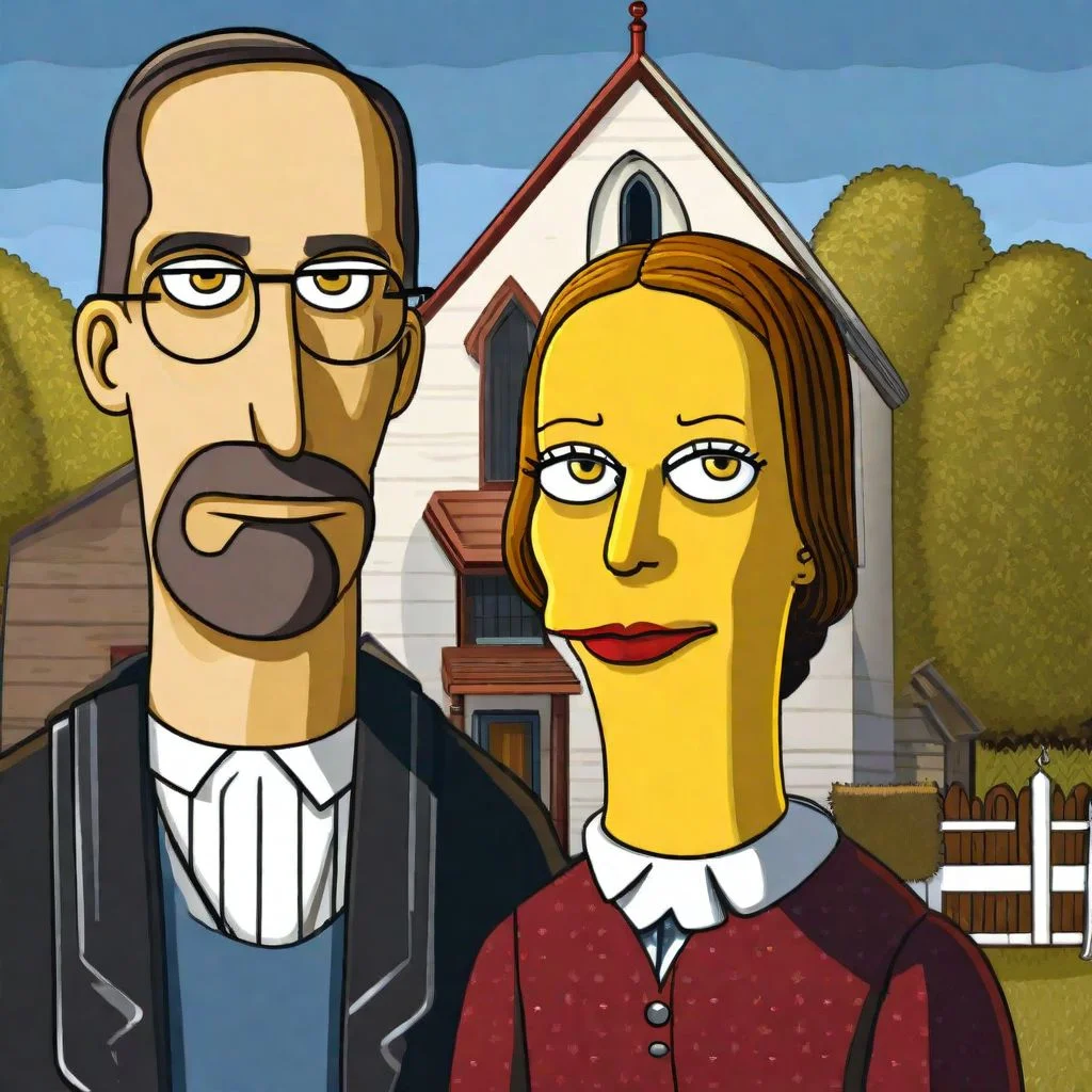 American gothic by grant wood Simpstyle <lora:SDXL-Simpstyle-Lora-v2-r16:0.8>