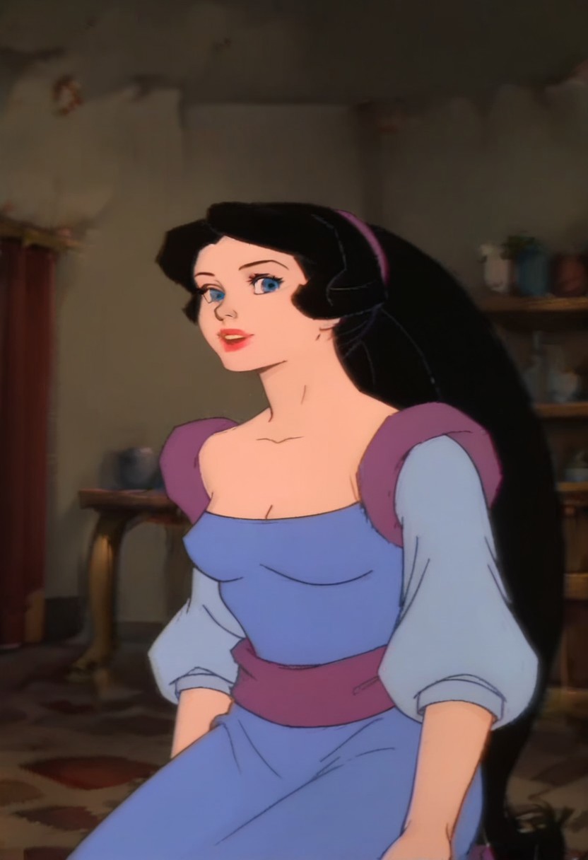 score_9_up, score_8_up, score_7_up, 1980s (style), retro artstyle, source_cartoon, rating_safe, solo 
HEASnowWhite, 1girl, black hair, long hair, very long hair, ponytail, hairband, blue eyes, red lips, lipstick, breasts, looking at viewer, indoors, dutch angle, portrait shot