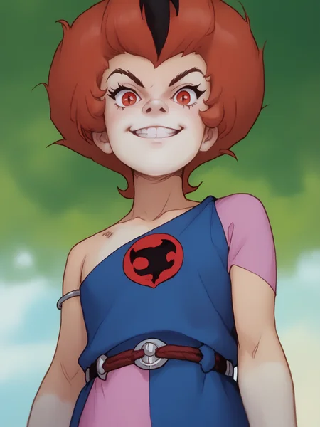 score_9, score_8_up, score_7_up, <lora:10_wilykit_pdxl_16:1> 1girl, solo, w1lyk1t, black striped red hair, red eyes, slit pupils, w1lyk1t tunic, bare shoulder, standing over, view from below, grin, mischievous