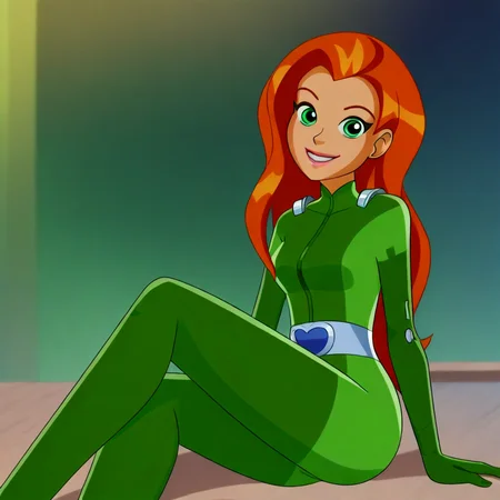 cartoon, totally_spies_2k24, 1girl, solo, sam, orange hair, green eyes, green bodysuit, smile, looking at viewer