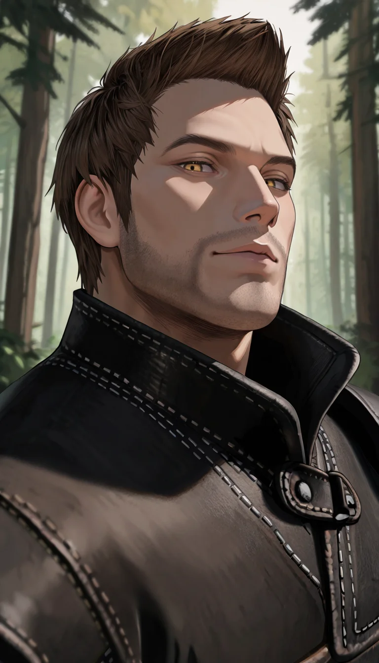 masterpiece, best quality, newest, perfect quality, best quality, detailed background, intricate details, male focus, solo, <lora:Skyrim Romance Mod - Bishop - Illustrious 2-000007:0.7>, srm_bishop, 1boy, mature male, brown hair, very short hair, yellow eyes, stubble, leather armor, forest, looking at viewer, head tilt, portrait, seductive look