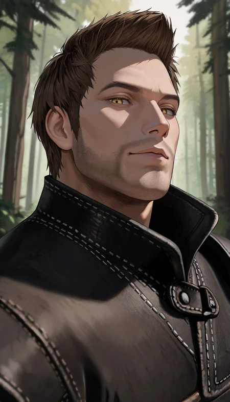 masterpiece, best quality, newest, perfect quality, best quality, detailed background, intricate details, male focus, solo, <lora:Skyrim Romance Mod - Bishop - Illustrious 2-000007:0.7>, srm_bishop, 1boy, mature male, brown hair, very short hair, yellow eyes, stubble, leather armor, forest, looking at viewer, head tilt, portrait, seductive look