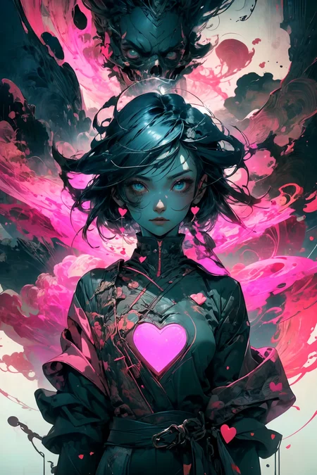 illustration, cartoon, soothing tones, calm colors, (solo:1.1), a digital arf of a undead girl, (pink, heart, love:1.1), wounds, (deathcore:1.2), mistery pink forest, extreme detail, paper texture, 2d, (pascal campion:0.38), vivid colors, (painting art:0.06), [eclectic:clear:0.8], slate atmosphere, cinematic,  muted colors, film grainy, lut
<lora:more_details:0.4>
 <lora:Cosmic anime-oil fusion v2:0.45> 
<lora:AnimeVibesV3:0.3> animevibes, 
<lora:3DMM_V11:0.5> 3DMM 
<lora:midjourney_20230624181825:0.7> midjourney ,
 <lora:LAS:0.5> cloud,colorful,
<lora:msw_locon-t2:0.6>
 <lora:wuxia2:0.6> gu,
 <lora:CyberpunkStyleV1:0.2> PunkAI ,
<lora:CatgirlMaidV1.0-000003:0.35> CatgirlMaid, shiny, shiny hair, shiny skin, shiny clothes