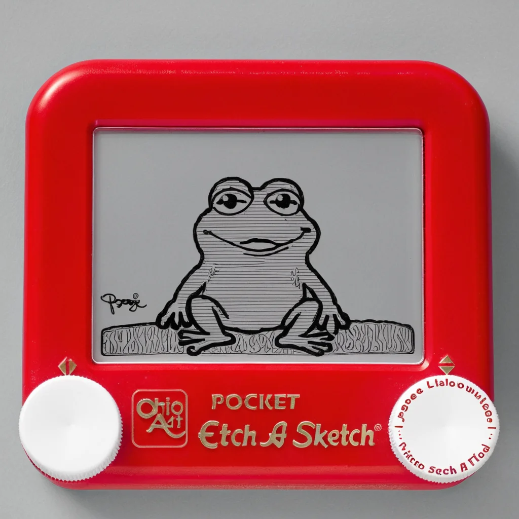 A photo of a red Etch A Sketch toy. The screen of the Etch A Sketch has a drawing of the Pepe the frog on the screen. <lora:Etch_A_Sketch-000009:1>