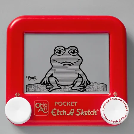 A photo of a red Etch A Sketch toy. The screen of the Etch A Sketch has a drawing of the Pepe the frog on the screen. <lora:Etch_A_Sketch-000009:1>