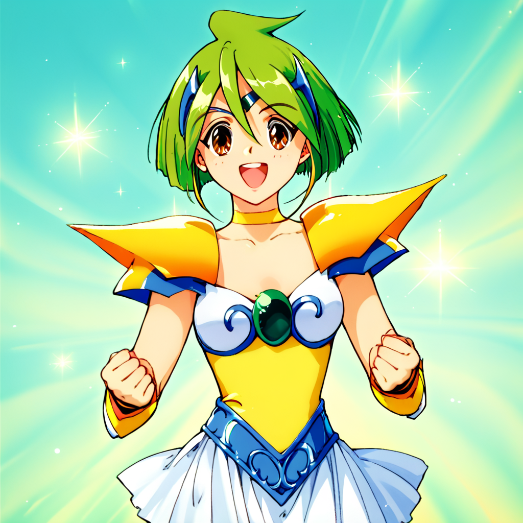 score_9, score_8_up, score_7_up, score_6_up, score_5_up, score_4_up, source_anime, , Engel_Daisy, short hair, brown eyes, green hair, armor, white skirt, , dynamic pose, happy