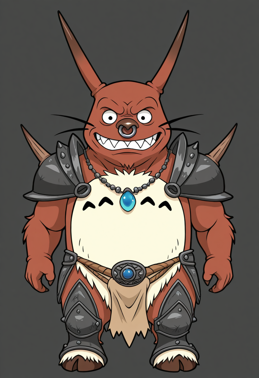 ((totoro)), horned_reaper, chibi, solo, cute
,masterpiece,best quality,amazing quality,nose ring, teeth,hooves, loincloth, chai,shoulder pads, leg armor, necklace