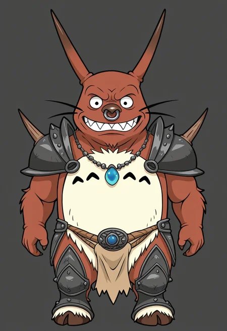 ((totoro)), horned_reaper, chibi, solo, cute
,masterpiece,best quality,amazing quality,nose ring, teeth,hooves, loincloth, chai,shoulder pads, leg armor, necklace