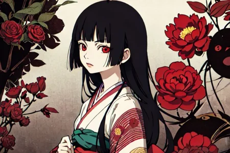 enma ai, hair down, hair black, bangs, eyes red, masterpiece, best quality, ultra-detailed, illustration, 1girl, solo, highres, photorealistic, ultra high res, (Original illustration composition), (fusion of limited color, Maximalism artstyle, kimono obi fashion, double exposure, background, illustration, Amazing, lily spider, night darkness, open one's mouth, flowers red, (polychromatic peony:1.15), Movie poster,